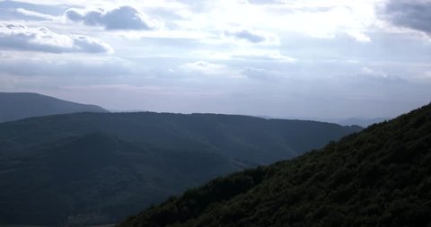 Carpathian Mountains Landscape View Pan Time Lapse. Blue Sky Above Mountains Glade