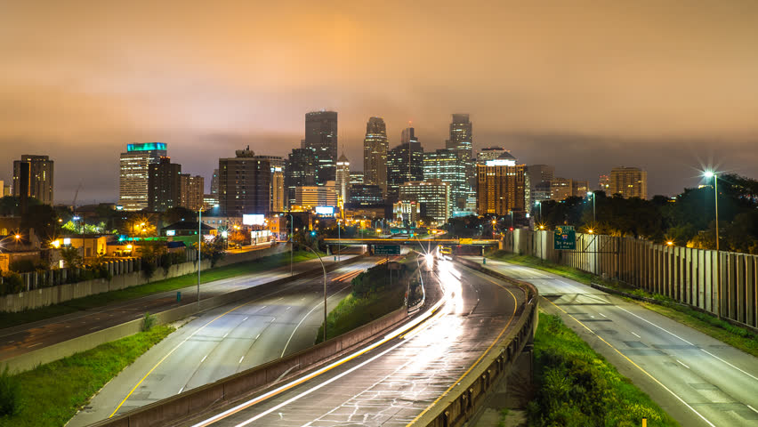 Minneapolis Skyline Night Traffic Time Lapse Logos Removed 1080p 4k 35w - Freeway at night time lapse in Minnesota