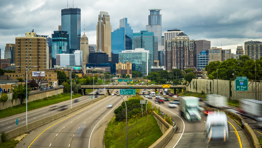 Minneapolis Skyline Traffic Time Lapse Logos Removed 1080p 4k 35w - Freeway day  time lapse in Minnesota