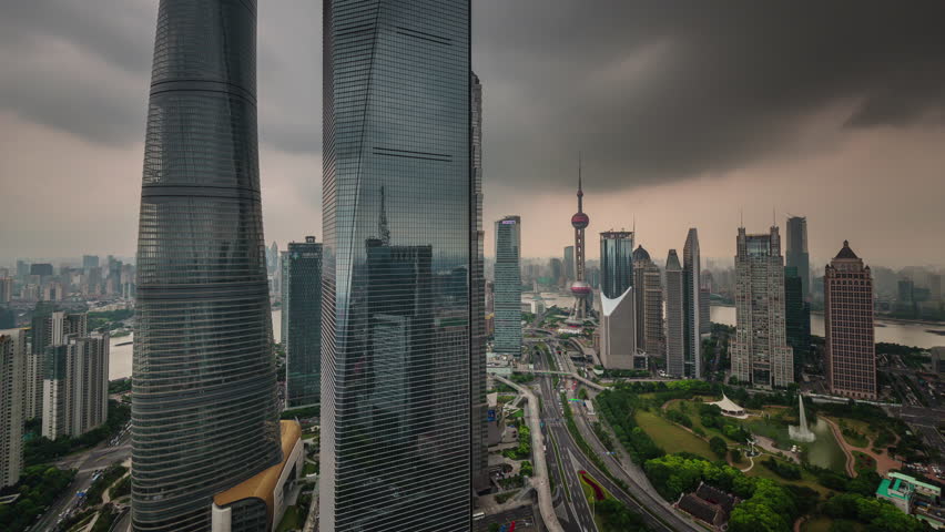shanghai cityscape traffic road storm sky famous buildings panorama 4k time lapse china