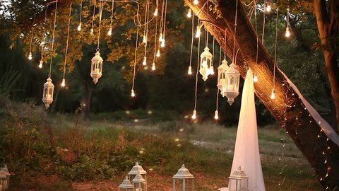 light bulbs outdoor on a wire against dusk forest, holiday concept, light bulbs and glow hang on the tree in the forest, orange, lamp decoration garden at night, glass lantern