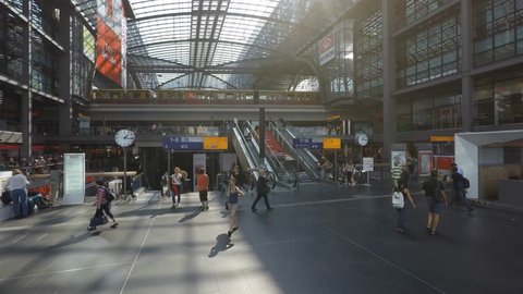 Berlin, Germany - September 9, 2016: Time lapse of people inside Berlin Hauptbahnhof, the main train station in Berlin, Germany.