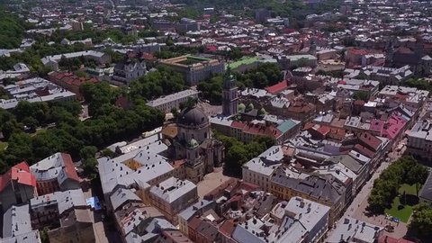 Lviv Roofs and Streets Aerial View, Ukraine Dominican Sobor in Lviv HD