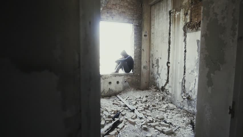 Hooded young man inside destroyed abandoned building,slow motion,dramatic.Young man facing social issues, inside a big wrecked empty building in 100fps slow motion.Camera gimbal motion. Royalty-Free Stock Footage #19537966