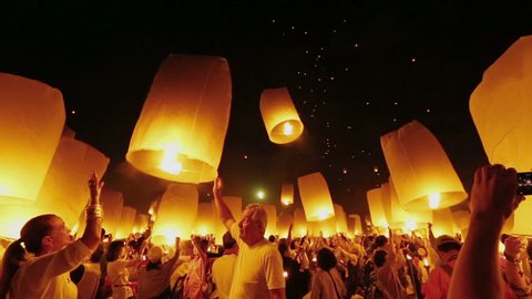 Mae Jo,Chiang Mai,Thailand - November 25, 2015: Floating lantern, YeePeng, Firework Festival