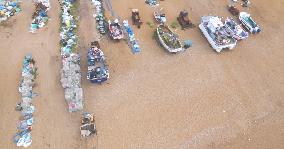 Aerial bird eye view of fishing boats on the beach in Hastings, England