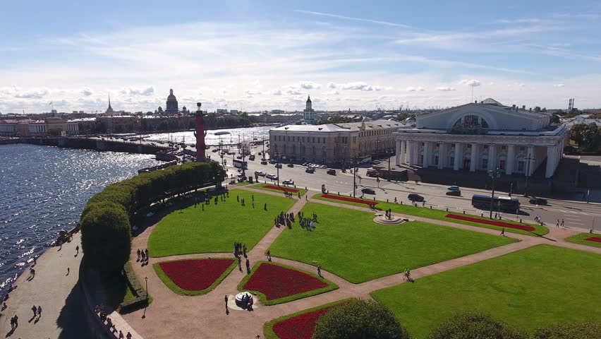 View at the Exchange Square, Old Saint Petersburg Stock Exchange and Palace Bridge. The Spit of Vasilyevsky island. The Neva river, St. Petersburg, Russia