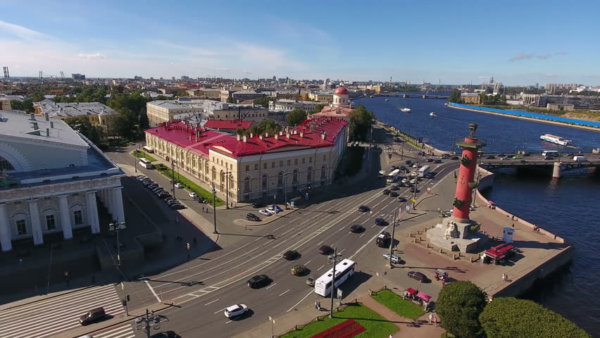 Architectural ensemble of the Spit of Vasilyevsky island with the Old Saint Petersburg stock Exchange and Rostral columns in Exchange square. Top view. St. Petersburg, Russia