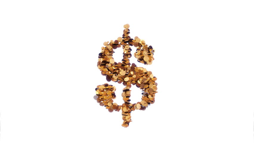 US Dollar sign made of coins exploding, Alpha