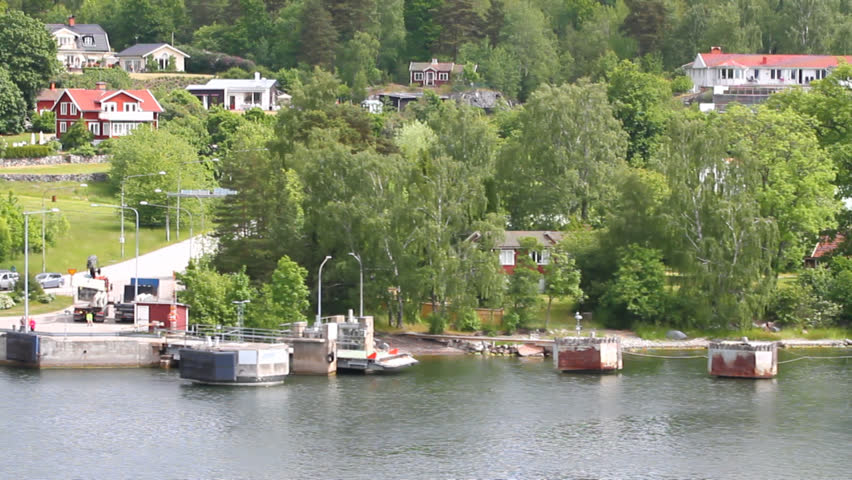 Ferry mooring and coast of fjord in Scandinavia. Stockholm, Sweden