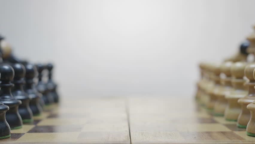 Chess board ready to play in hundred eighty degree rotation. All figures on place before start.