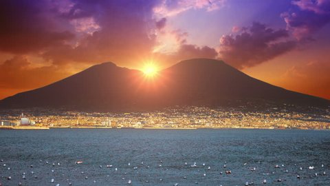 4K Naples Skyline Landscape Italy,  sunset on the background of Vesuvius
