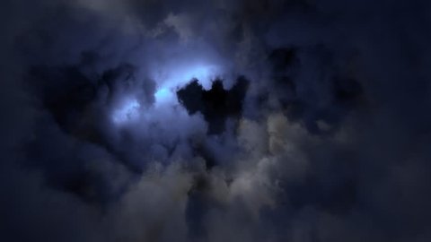 flying trough cloud tunnel lit with storm lightning flashes looped (Hd, 4k seamless loop, 3840 X 2160, ready for compositing) great intro or titles sequence, cinematic animation background