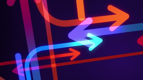 Abstract arrows background. Loop section from 6:00 to 41:00, so you can extend the animation for as long as you like. Red, blue, cyan, orange arrows following different paths on dark purple background