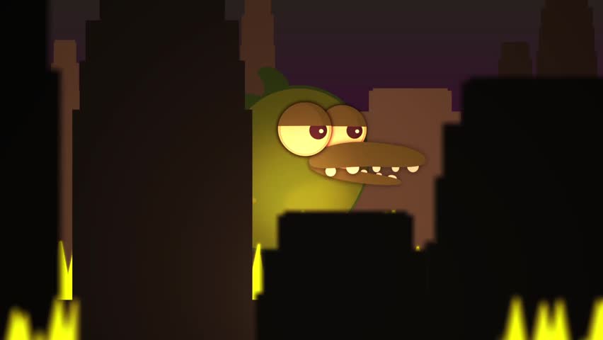 Giant cartoon monster destroys a city 