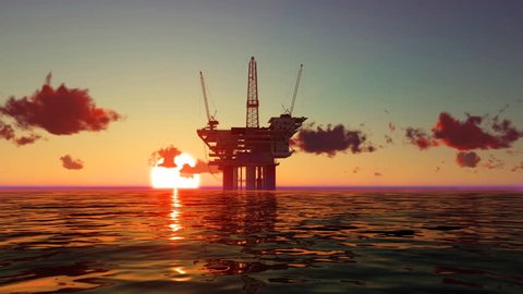 Oil platform in the sea at sunrise. Three dimensional rendering animation.