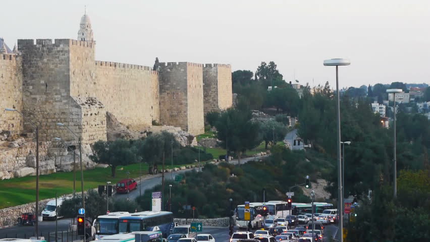 Walls of Jerusalem old city and Israel flag on it