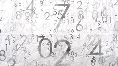 Numbers animated background. Numbers abstract 3D motion at the paper background, flying numbers from 0 to 9, big and small numbers. Abstract gray seamless background, full hd video 1080p.