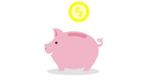 money coin enter inside piggy bank flat designe animation, with alpha channel