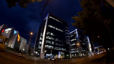 Light Traffic Late At Night In Front Of Business Center, Fish Eye