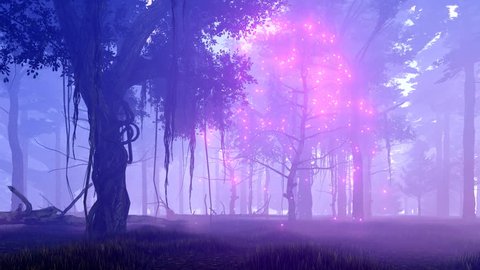 Dreamlike woodland scene with ghost dead tree surrounded by magical firefly lights in a spooky misty night forest. Realistic 3D animation rendered in 4K, ultra high definition.