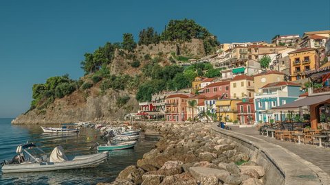 PARGA, GREECE - AUG 7 - Parga Harbor With Town and Castle In The Background, Greece.