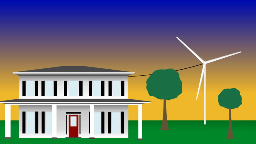 Wind turbine powering home. HD 1080 animated illustration