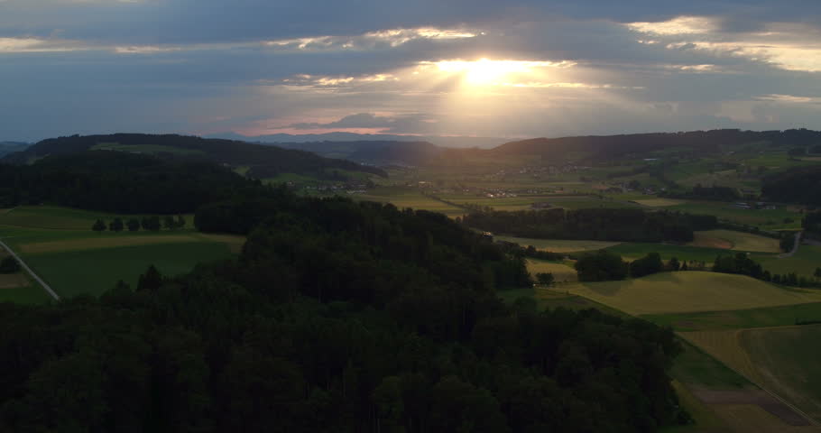 Aerial view of a sunset in Central Switzerland near Lucerne, 4K, UHD