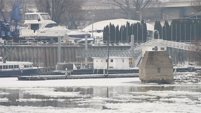 Ice and Floes on River - shipyard dock
