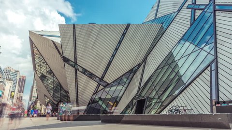 Toronto, Canada - CIRCA: September 2016: Time-lapse 4k of exterior of Royal Ontario Museum ROM sidewalk entrance in Toronto tourism people