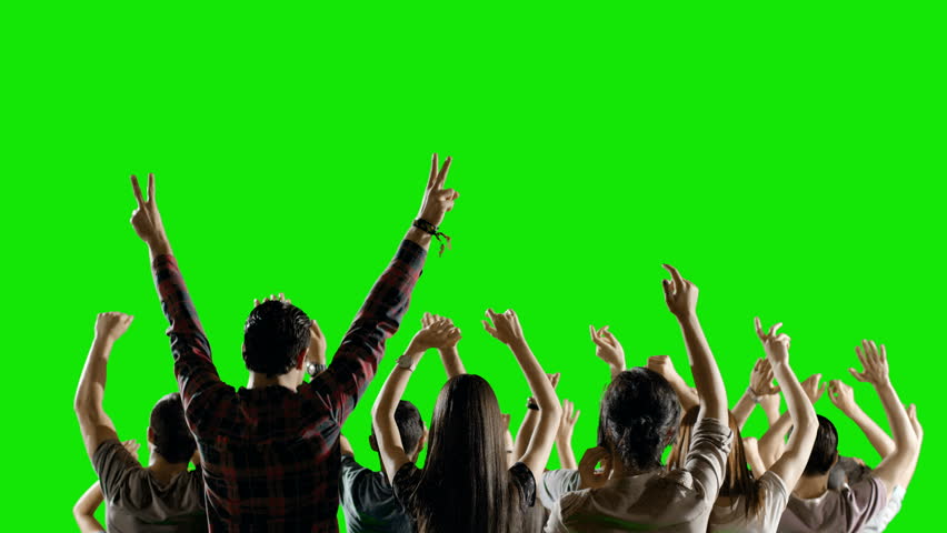 4K Crowd of fans dancing on green screen. Concert, Jumping, Dancing, Hands up. Slow motion. Shot on RED EPIC Cinema Camera