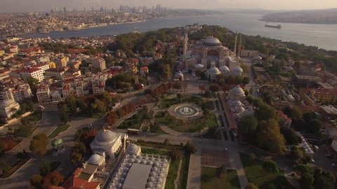 Aerial footage of Hagia Sophia in Istanbul city. Amazing shot. Istanbul in 4K