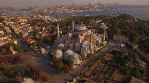 Aerial footage of Hagia Sophia in Istanbul city. Amazing shot. Istanbul in 4K