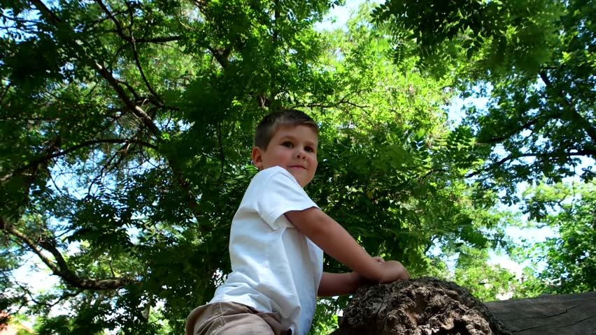 child playing and shows approval gesture on tree in the park at weekend
