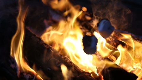 Slow motion close-up view a marshmallow being toasted over a camp fire.