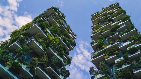 Milan, Italy - September 2016: Bosco Verticale or Vertical Forest is the Best tall building worldwide. Is composed of two residential towers with a large variety of trees and plants on the balconies.