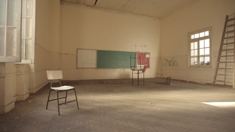 Abandoned schoolroom Traveling in/out Video Stok