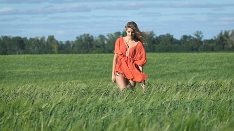 Full lenght portrait of a beautiful blonde young romantic woman in a red shirt walking slowly touching the grass at the green field