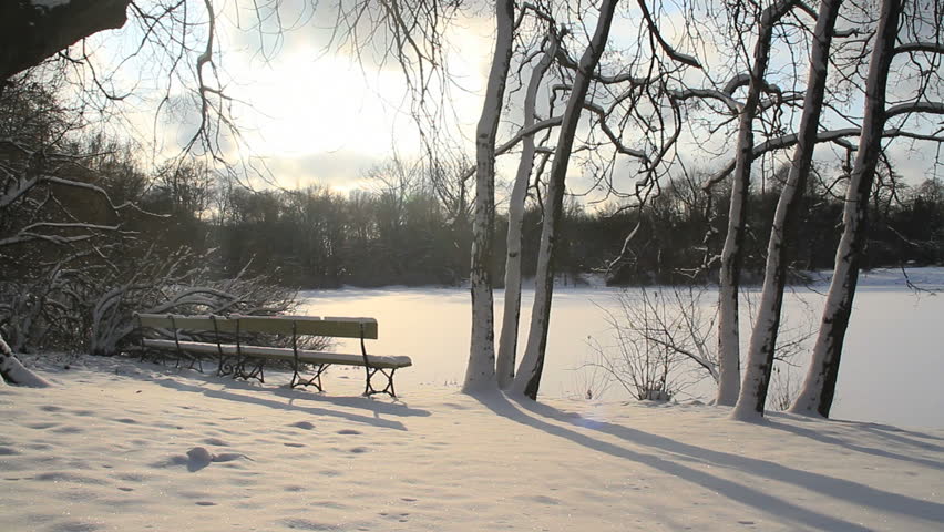Empty winter bench in park