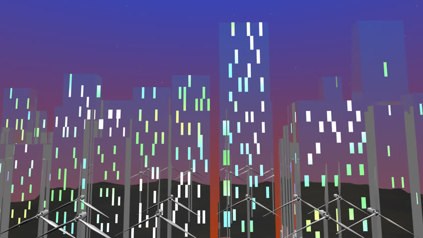 A wide view of city powered by wind turbines.