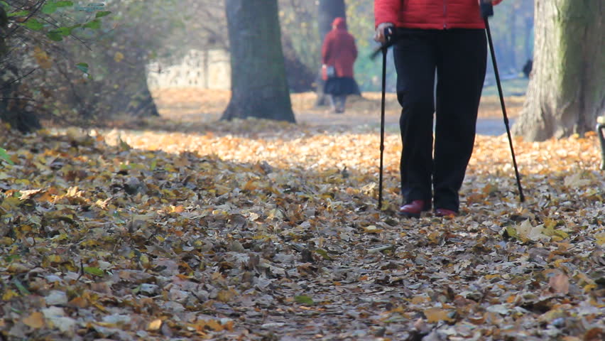 Lone woman nordic walking in park 
