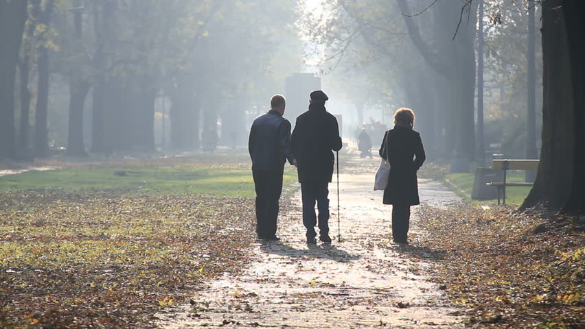 Man, woman and elderly father take walk in a park