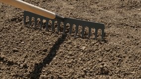 Outdoor using of weed raker for grading soil garden activities 4K 2160p 30fps UltraHD footage - Wooden handle metal rake spreading and leveling ground 3840X2160 UHD video