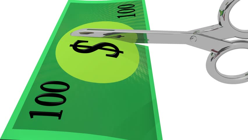 Cutting costs - 3d rendering of scissors cutting through a generic 100 dollar note. Royalty-Free Stock Footage #19788241