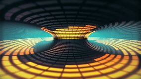 VU aka Volume Meter like animation in torus shaped three dimension 3D room. Yellow orange and red blocks in grid animated in patterns. For backgrounds VJs light set designers etc. Version 3 - 18