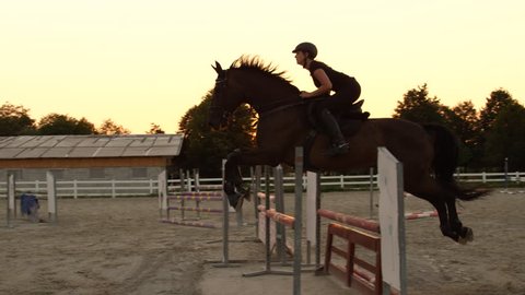 SLOW MOTION CLOSE UP: Young girl horseback riding strong brown horse jumping the fence in outdoors sandy parkour dressage arena at sunrise. Competitive rider training jumping over obstacles at sunset