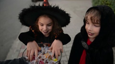 Halloween, Kids Want Halloween Candy, Children wearing witch costumes with hats, Kids trick or treat.
