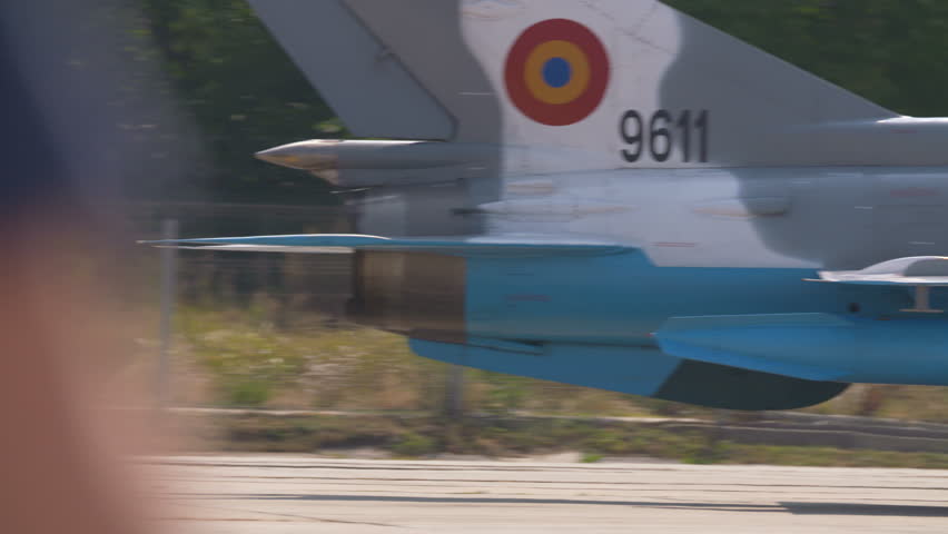 Military fighter jet, rear view, engines