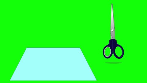 Scissors cutting a paper sheet in two parts. Animated footage isolated on green screen. Looped motion graphic.