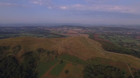 Aerial view and closer look at British Camp, an Iron Age hill fort in the Malvern Hills, Worcestershire.